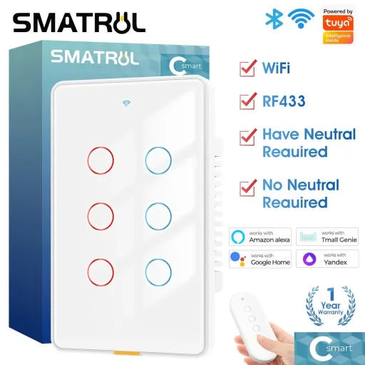 SMATRUL Tuya Wifi Smart Touch Switch Light No Neutral Wire Remote On OffFor Alexa Google Home