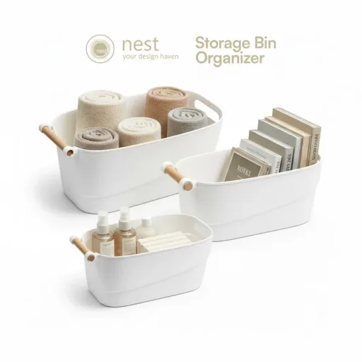 NEST DESIGN LAB Storage Bin Organizer with Wheels | PP Plastic Multi-Purpose Bin with Wooden Handle