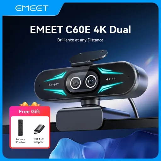 EMEET C60E 4K Dual Webcam | 11x Zoom | Ultra HD Auto-Focus | Remote Control & Tripod Kit | Streaming
