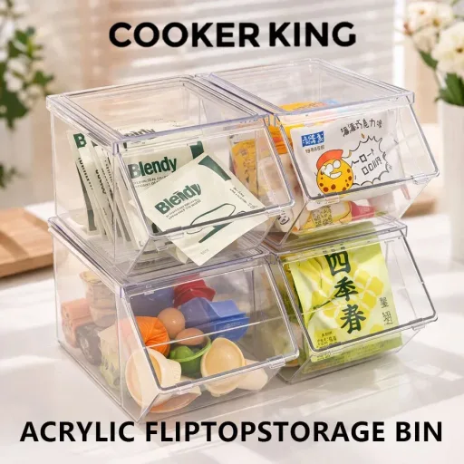 COOKER KING Acrylic Flip Top Storage Bin Stackable Desktop Organizer for Coffee Sachets Candy Snacks