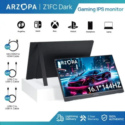 ARZOPA-Z1FC, 16.1'' 144Hz Portable Gaming Monitor, 100% sRGB, 1080P HDR with USB 3.1 HDMI Laptop Computer Monitor for Switch, PlayStation, X