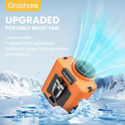Orashare WF10 Portable Waist Fan with Light 10000mAh Strong Wind 5-Speed Rechargeable Power Bank