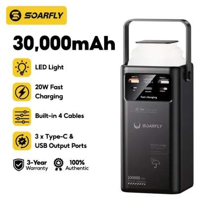 SOARFLY 30000mAh Original Power Bank 22.5W Fast Charging Built-in Type-C/iPhone Fast Charging Cable 5 Outputs 1 Input LED Digital Displ
