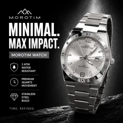 [100% Water Resistant] MOROTIM Men's Casual Watch, comes with an elegant watch box, bright dial, stainless steel bracelet, adjustable size,