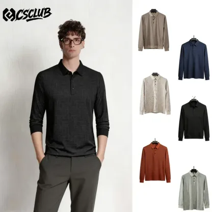 2026 New Polo Men's Collar Loose Business Casual Long Sleeve T-shirt Polo Top Thin Print Menswear Lingerie Beige Plain