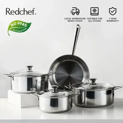 Redchef 6/7 Piece Stainless Steel Cookware Set is PFAS, PTFE and PFOA free, suitable for all stovetops, cooking pots and frying pans.