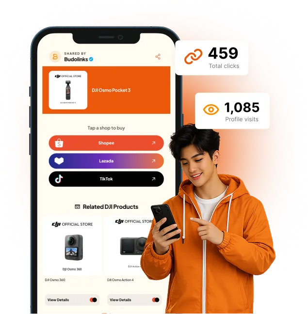 Budolinks product page preview: shared-by header, product image, title area, and shop buttons for Shopee, Lazada, Temu, and TikTok.